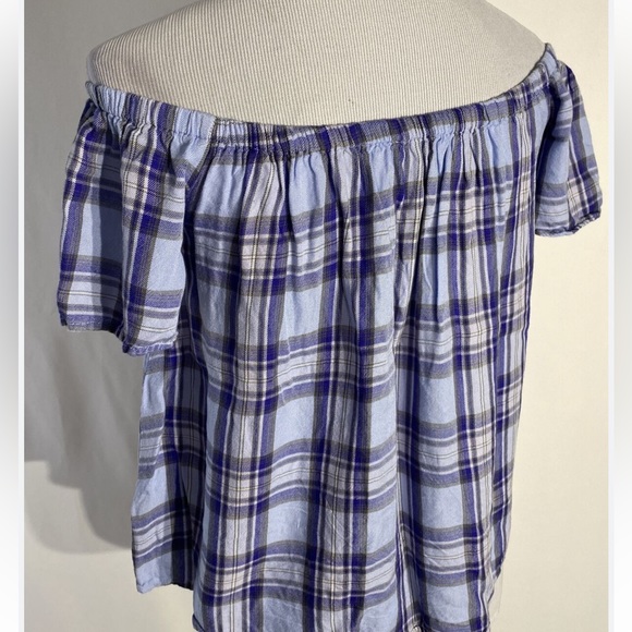 Express Periwinkle Blue Plaid Elastic Neckline Off The Shoulder Blouse Size XS - Picture 2 of 8
